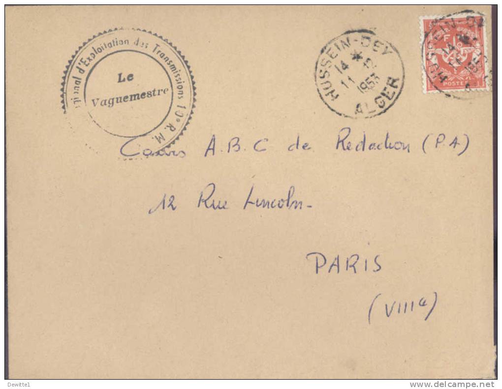 Timbre Franchise N° 12 sur  Enveloppe   1953  Cachet 10° R.M. de Hussein Dey vers Paris
