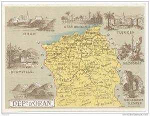 Chromo 11/8,5 Carte Geo Dept  Oran , Geryville, Arzew, Tlemcen, Mazagran, Aghadir Dos details