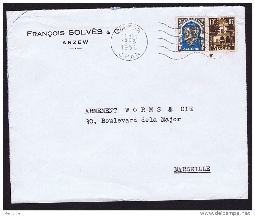 1956  Lettre pour la France   Blanson Yv 268, Bardo 10 fr Yv 313A  Oblitération Arzew