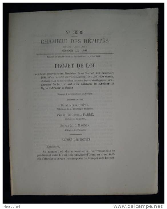 Chemins de Fer  ALGERIE Création ligne d'ARZEW à SAÏDA ( Sources de Kreider) 1881 Projet de Loi