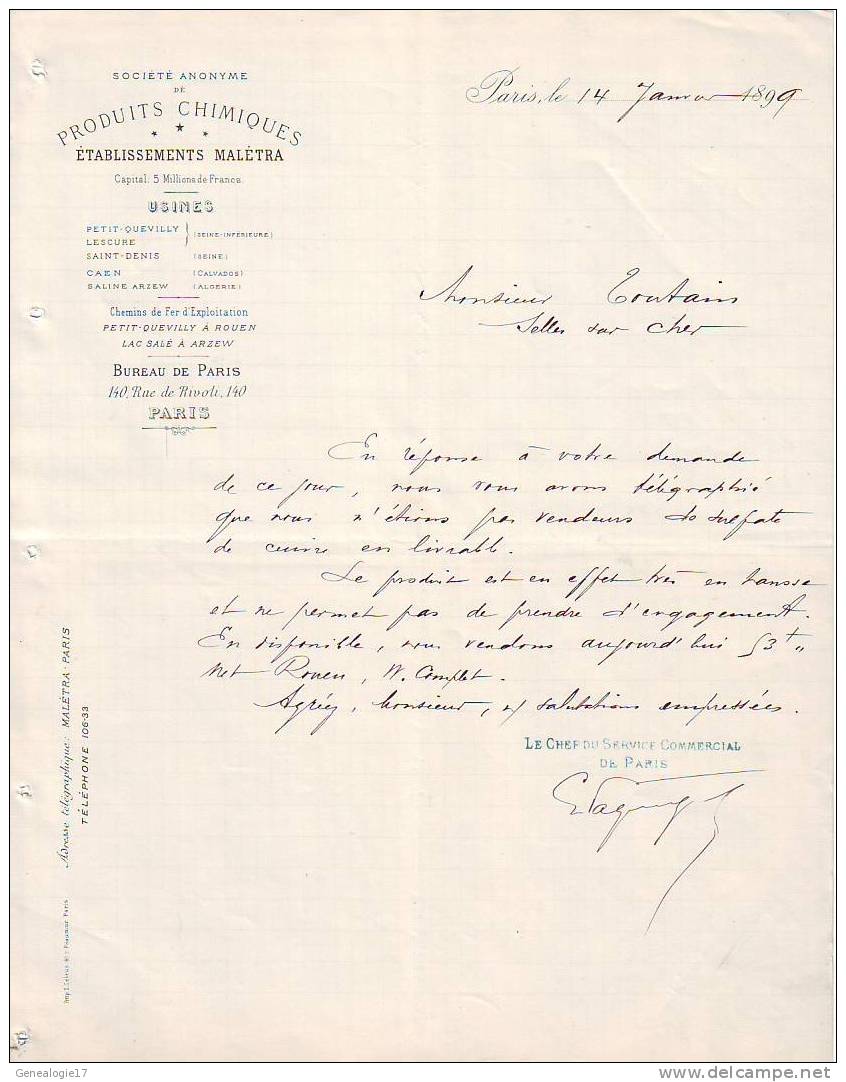 75 237 PARIS Produit chimique MALETRA Usine à PETIT QUEVILLY LESCURE CAEN SALINE ARZEW 1899 Lac Salé ARZEW