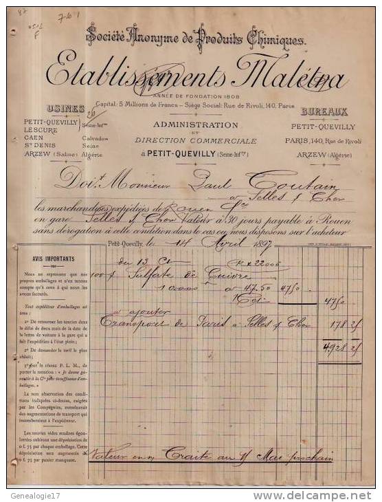 76 - 429 PETIT QUEVILLY 1897 Produits Chimiques MALETTRA usine à LESCURE CAEN SAINT DENIS & ARZEW ( saline ) ALGERIE
