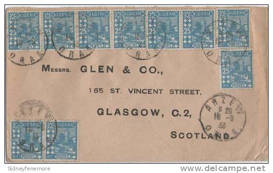 Algeria 1933 Cover f.w.25c x  10 adhs at Arzew and sent to Scotoand.