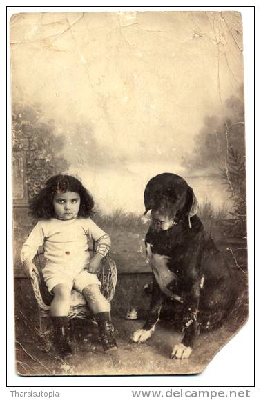 Photo Carte - ORAN ALGERIE Fillette et son chien - Photographe VIDAL, 9 rue d´ARZEW, ORAN