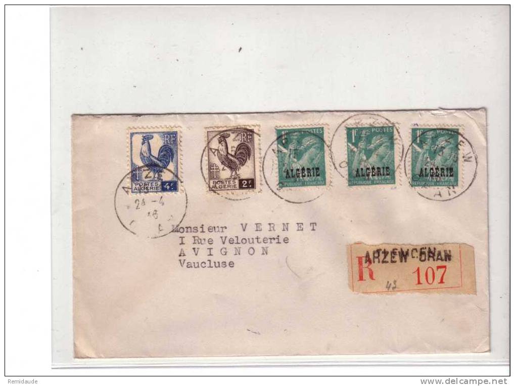 ALGERIE-1946 Yvert n°221+222+231x3 sur LETTRE RECOMMANDEE de ARZEW(ORAN) avec ancienne ETIQUETTE de TLEMCEN - COQ + IRIS