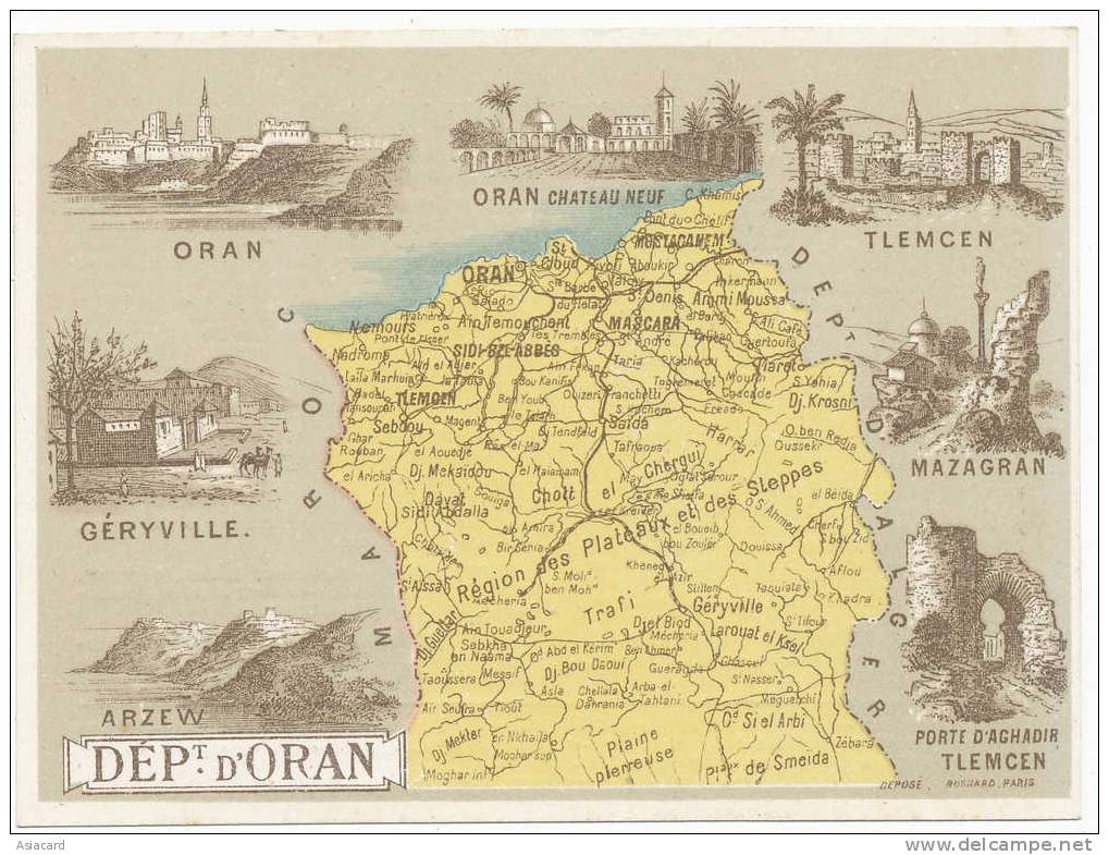 Chromo 11/8,5 Carte Geo Dept  Oran , Geryville, Arzew, Tlemcen, Mazagran, Aghadir Dos details