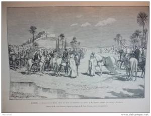 Algérie, Si Kaddour Ben Hamza offre en guise de soumission un cheval a Cambon a El Goléa gravure dessin des Tinayre 1892
