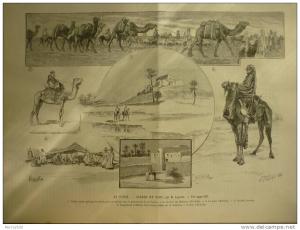 Au Touat ,cavalier touareg , le Ksar El Goléa , cavalier du Makhzen , gravure Tinayre , dessin Layoska 1891