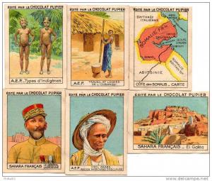 6 images de l´album  Afrique  édité par le chocolat Pupier. AEF, Sahara, Somalis. Gal. Laperrine, El Golea...