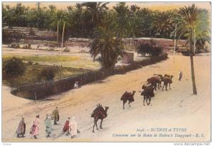 Carte postale Scènes et types caravane sur la route de biskra à touggourt animé circulé colorisé recto verso TBE