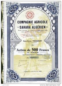 Colonie Algérie Rarissime & Magnifique Action Cie Agricole du Sahara Algérien SA - Siège à Touggourt Tirage 2500 ex