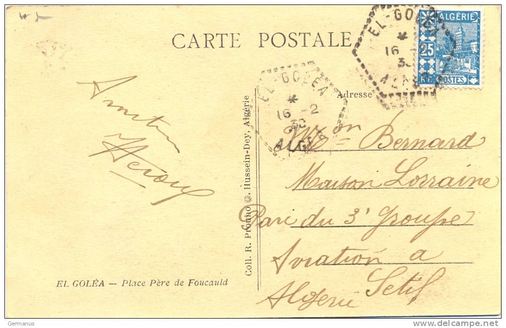ALGERIE EL-GOLEA ALGER Càd HEXAGONAL EN POINTILLÉS du 16-2-30