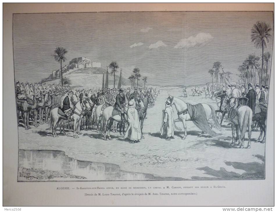 Algérie, Si Kaddour Ben Hamza offre en guise de soumission un cheval a Cambon a El Goléa gravure dessin des Tinayre 1892