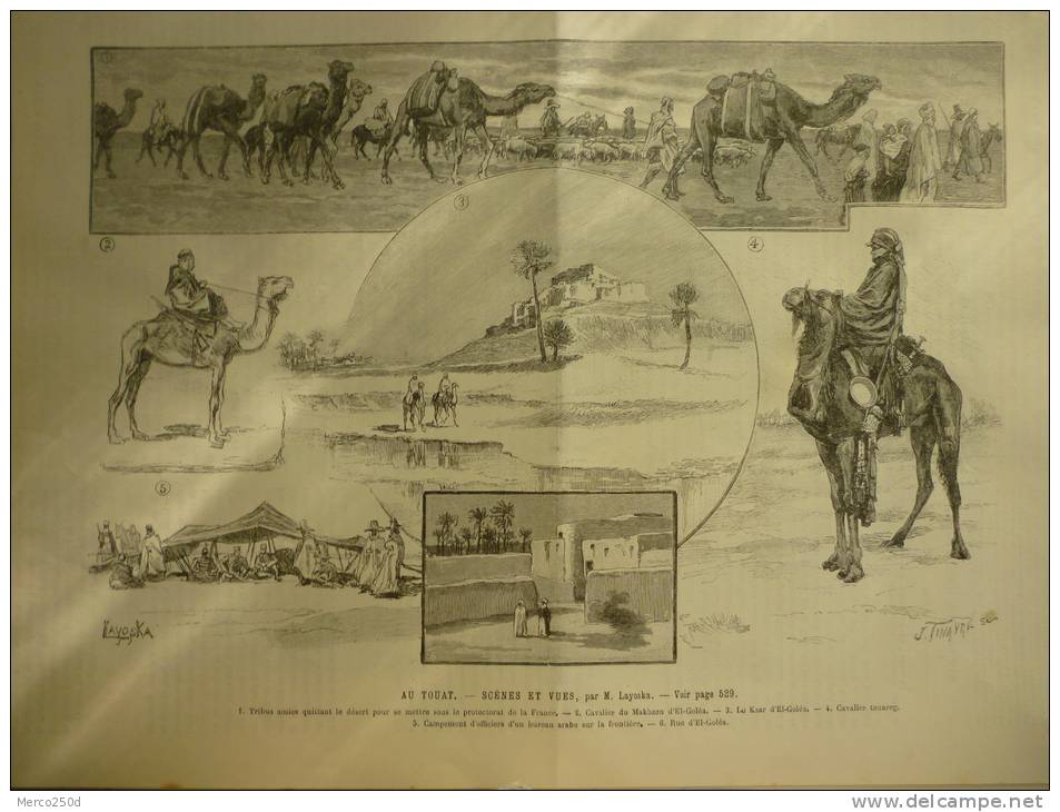 Au Touat ,cavalier touareg , le Ksar El Goléa , cavalier du Makhzen , gravure Tinayre , dessin Layoska 1891