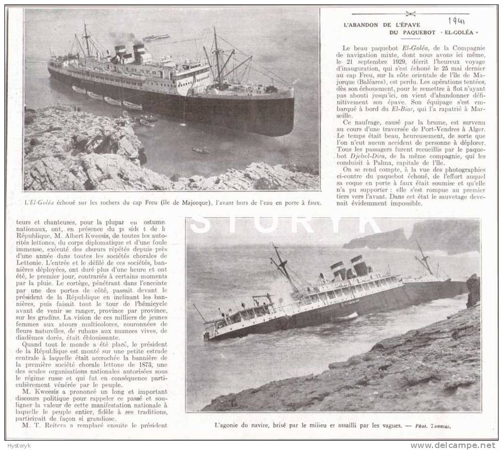 majorque naufrage bateau paquebot  el-goléa 22x19Cm 1941 photo ancienne issu d´ un magazine de cette année là