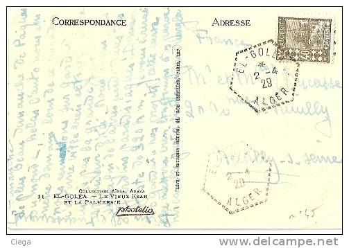 cachet hexagone, perlé, pointillé El-Goléa  Alger sur n°45. Carte postale pour Neuilly