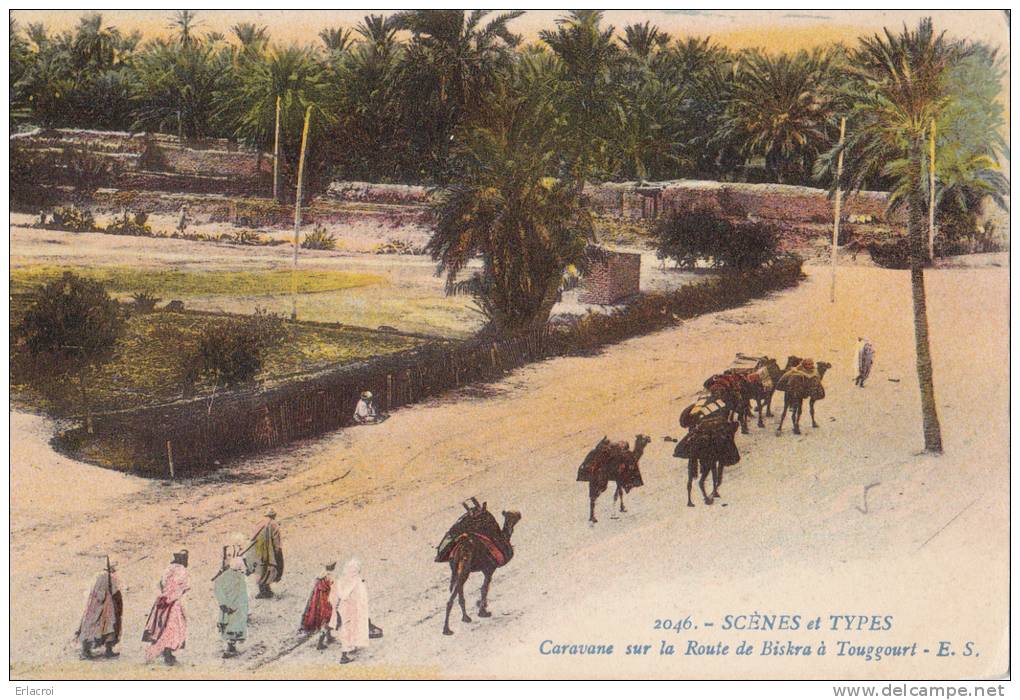 Carte postale Scènes et types caravane sur la route de biskra à touggourt animé circulé colorisé recto verso TBE