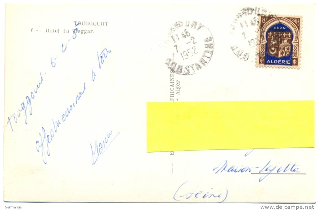 ALGERIE TOUGGOURT CONSTANTINE Càd 7-2-1952