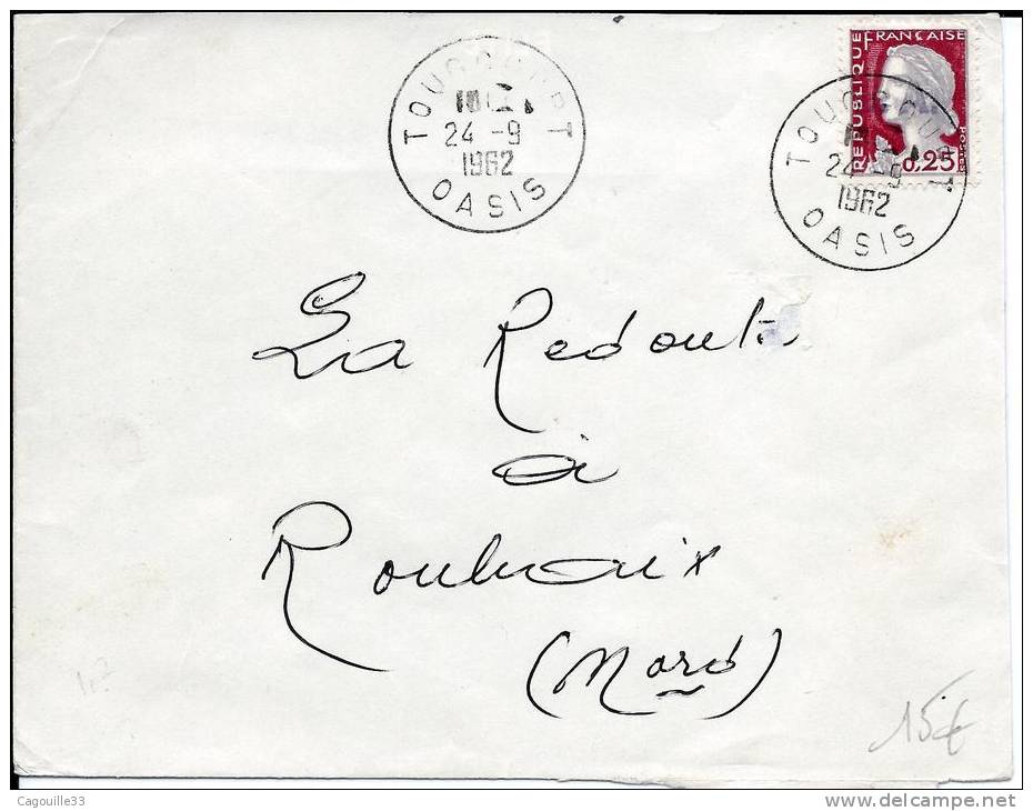 marque postale , Algérie, Surcharge EA  en 1962 sur  marianne  , oasis de  TOUGGOURT