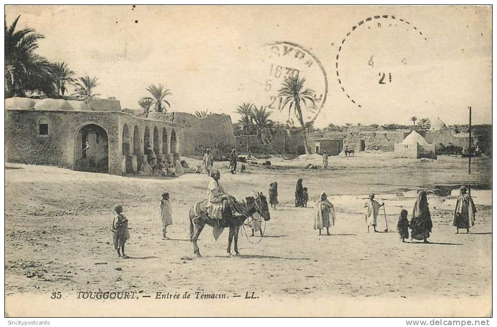 ALGERIA -TOUGGOURT - ENTREE DE TEMACIN - PM 1921 - HORSE, PEOPLE IN VILLAGE - VINTAGE ORIGINAL POSTCARD
