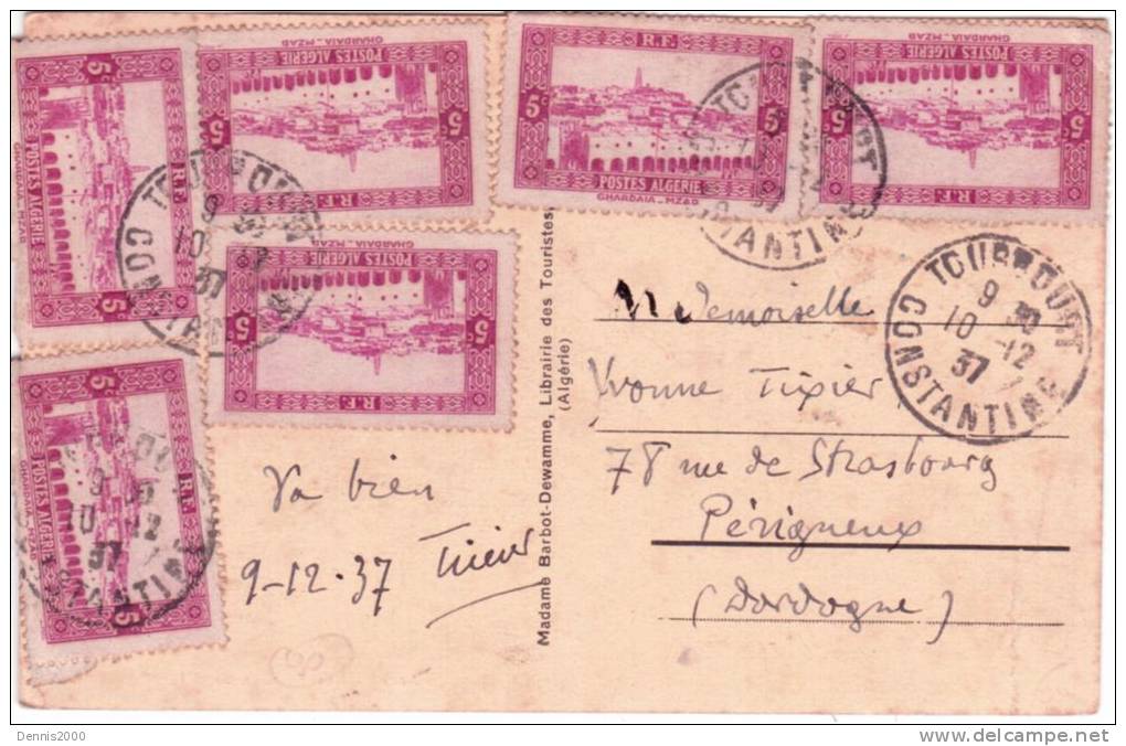 1937- C P A  de Touggourt / CONSTANTINe affr. à 3 c avec n°104 x  6 pour la France