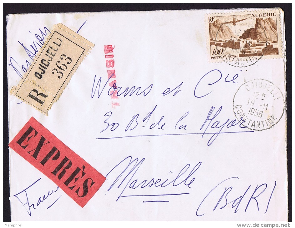 1956  Lettre avion recommandée et Exprès pour la France  Avion sur Gorges d'El Kantara Yv PA 10 Seul