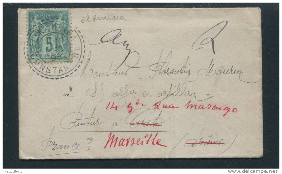 ENV. PUB. AFFRANCH. 5 Cts SAGE OBLIT. CACHET PERLE EL-KANTARA 25/DEC/1898 ALGERIE+REEXPEDITION/MILI TAIRE/FRANCE RARE TB