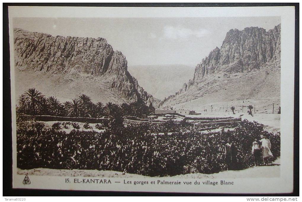 CPA ALGERIE EL KANTARA LES GORGES ET PALMERAIE VUE DU VILLAGE BLANC ANIMEE