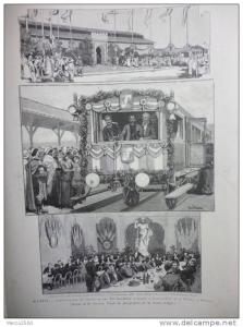Algérie , inauguration chemin de fer d'Alger a Constantine et Tunis , a Bouira , gravure d´aprés dessin Tinayre 1887
