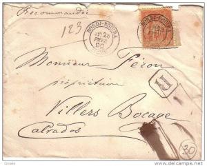 ENVELOPPE.TIMBRE TYPE SAGE.RECOMMANDE.CACHET RARE.BORDJ-BOUIRA.ALGERIE .1890.CACHET VILLERS BOCAGE AU DOS.