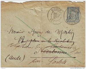 lettre ALGERIE entier SAGE obl cachet Type 84 BOUIRA ALGER 12 octobre 1894 , arrivee Portel le 17