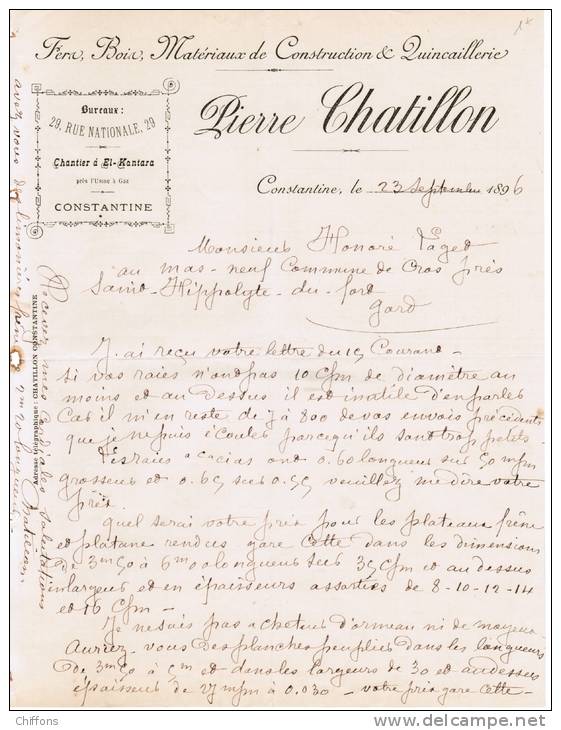 1896 PIERRE CHATILLON BUREAUX 29 RUE NATIONALE CHANTIER A EL-KANTARA PRES L'USINE A GAZ CONSTANTINE FERS BOIS