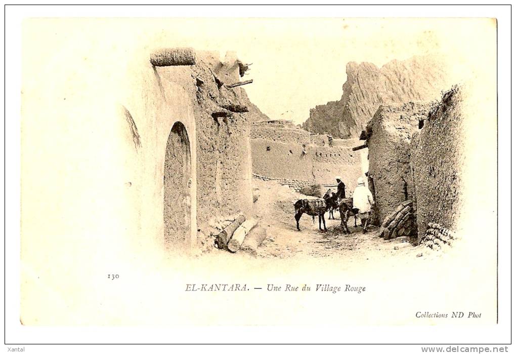 El Kantara - Une rue du Village Rouge - habitants avec des ânes - Dos vierge