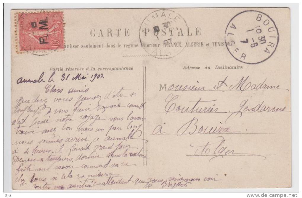 ALGERIE CP 1907 TIMBRE FM N° 4 OBLIT AUMALE ALGER => GENDARME COUTURIER A BOUIRA