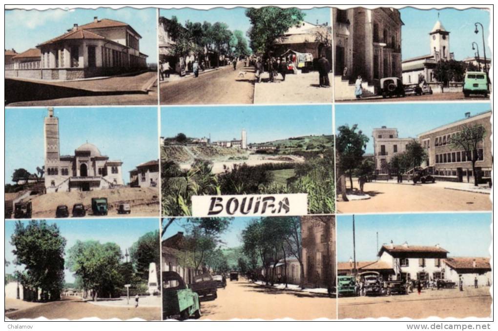 BOUÏRA - La Moquée,L´ Eglise, La Gare, La Poste, La Banque, Groupe scolaire, Rues Joffre et principale , Vue générale .