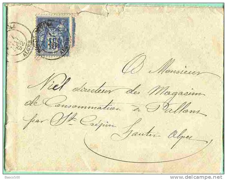 Rare 2 Cachets 1892 BORDJ BOUIRA (ALGER) sur lettre d´Algérie avec 15 cts Sage