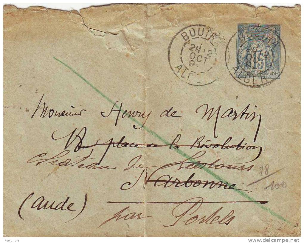 lettre ALGERIE entier SAGE obl cachet Type 84 BOUIRA ALGER 12 octobre 1894 , arrivee Portel le 17