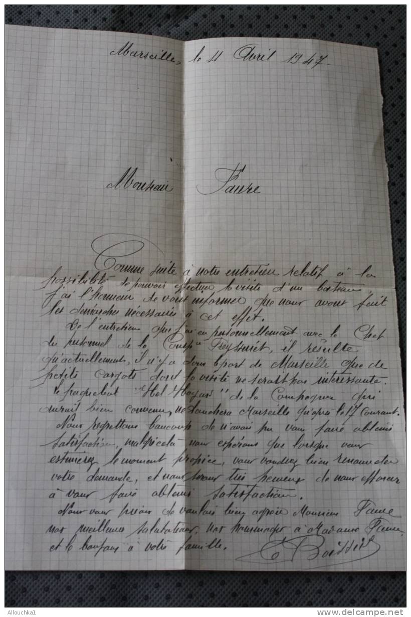 MANUSCRIT  MARITIME < LETTRE M. FAURE DU 11-4-1947 POUR VISITER BATEAU PAQUEBOT HOGGAR DE LA   COMPAGNIE FRAISSINET