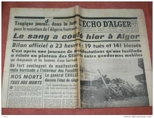 JOURNAL  ECHO D ALGER    24/25  JANVIER  1960 GUERRE D ALGERIE ORAN GERYVILLE TLEMCEN TIABET SIDI BEL ABBES MOSTAGANEM