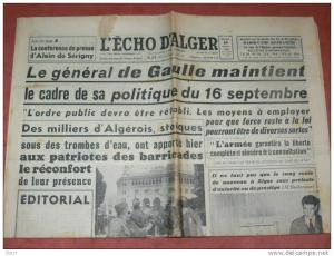 JOURNAL  ECHO D ALGER    30 JANVIER 1960 GUERRE D ALGERIE ORAN GERYVILLE TLEMCEN TIABET SIDI BEL ABBES MOSTAGANEM