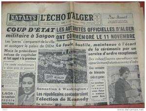 JOURNAL  ECHO D ALGER    12 NOVEMBRE 1960 GUERRE D ALGERIE ORAN GERYVILLE TLEMCEN TIABET SIDI BEL ABBES MOSTAGANEM
