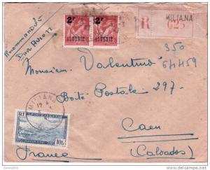 1947 - enveloppe RECC.  par avion de MILIANA / ALGER  affr. à14 f.  pour la France