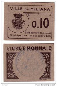 1916 // Algérie // bon de nécessité // Ville de MILIANA // 10 cts