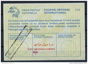 ALGERIE  IAS IRC CRI  Internationaler Antwortschein Reply Coupon Reponse La22 4,00 / 1.80 DINAR ALGERIEN  o MILIANA