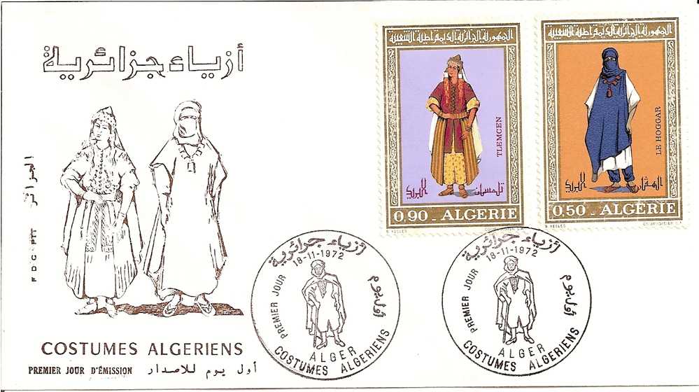 Enveloppe_1er_Costumes Algériens_Tlemcen_Hoggar_ 1972_Tbr   YT N° 557-560