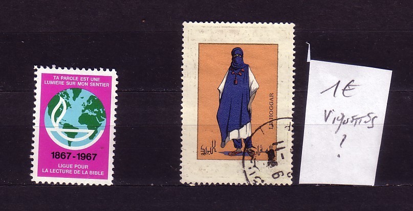 ERINOPHILIE 2 timbres VIGNETTE FRANCE LIGUE POUR LA LECTURE DE LA BIBLE1867/1967  ET HOGGAR ALGERIE SANS FACIALE VARIETE