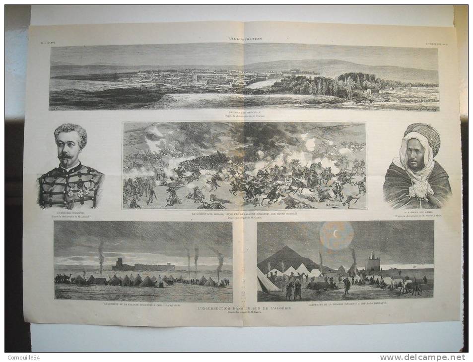 GRAVURE 1881. L’INSURRECTION DANS LE SUD DE L’ALGERIE. 6 GRAVURES DONT; PANORAMA DE GERYVILLE. LE COMBAT D’EL MOILOK....