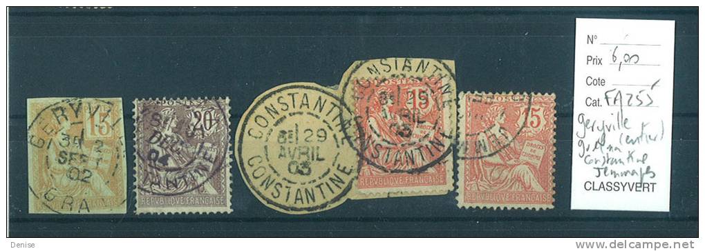 France Type Mouchon oblitérés  Geryville ( entier ) , Constantine, Jemmapes , Guelma Algérie