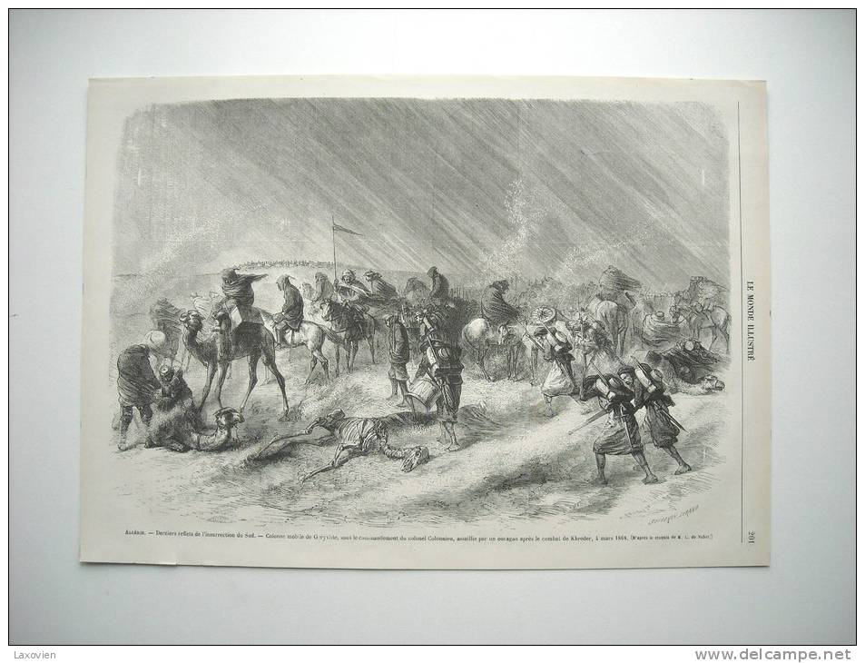 GRAVURE 1868. ALGERIE. DERNIERS REFLETS DE L’INSURRECTION DU SUD. COLONNE MOBILE DE GERYVILLE, COLONEL COLONNIEU........