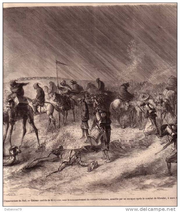 DESSIN GRAVURE 19ème  INSURRECTION DU SUD EN ALGERIE  COLONNE DE GERYVILLE APRES COMBAT DE KHREDER